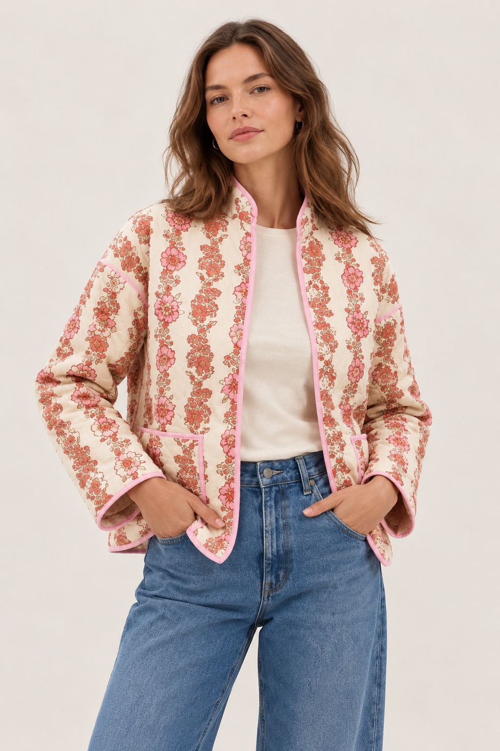 Chaqueta mujer cuello alto acolchado floral ribetes - Ludovica