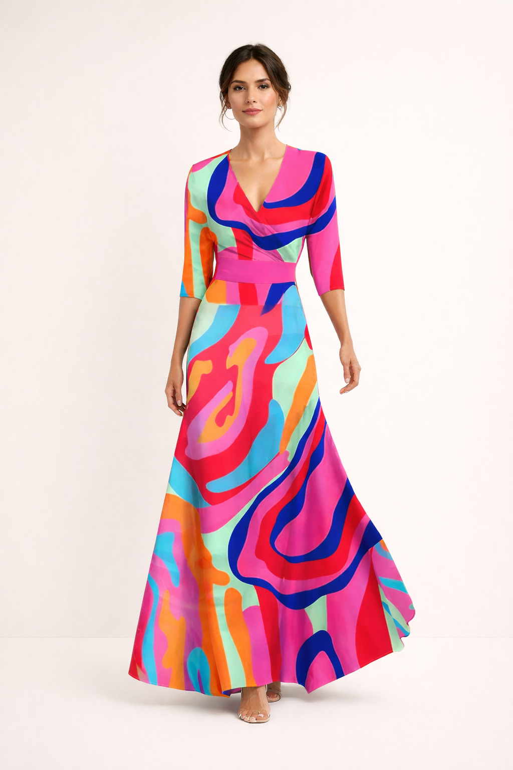 Vestido maxi casual estampado manga tres cuartos escote V - Belvara