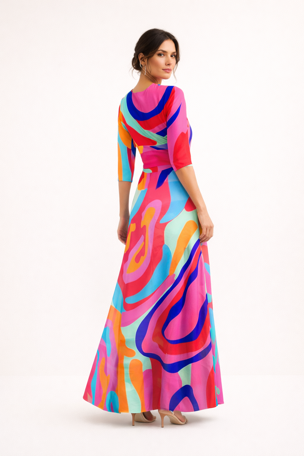 Vestido maxi casual estampado manga tres cuartos escote V - Belvara