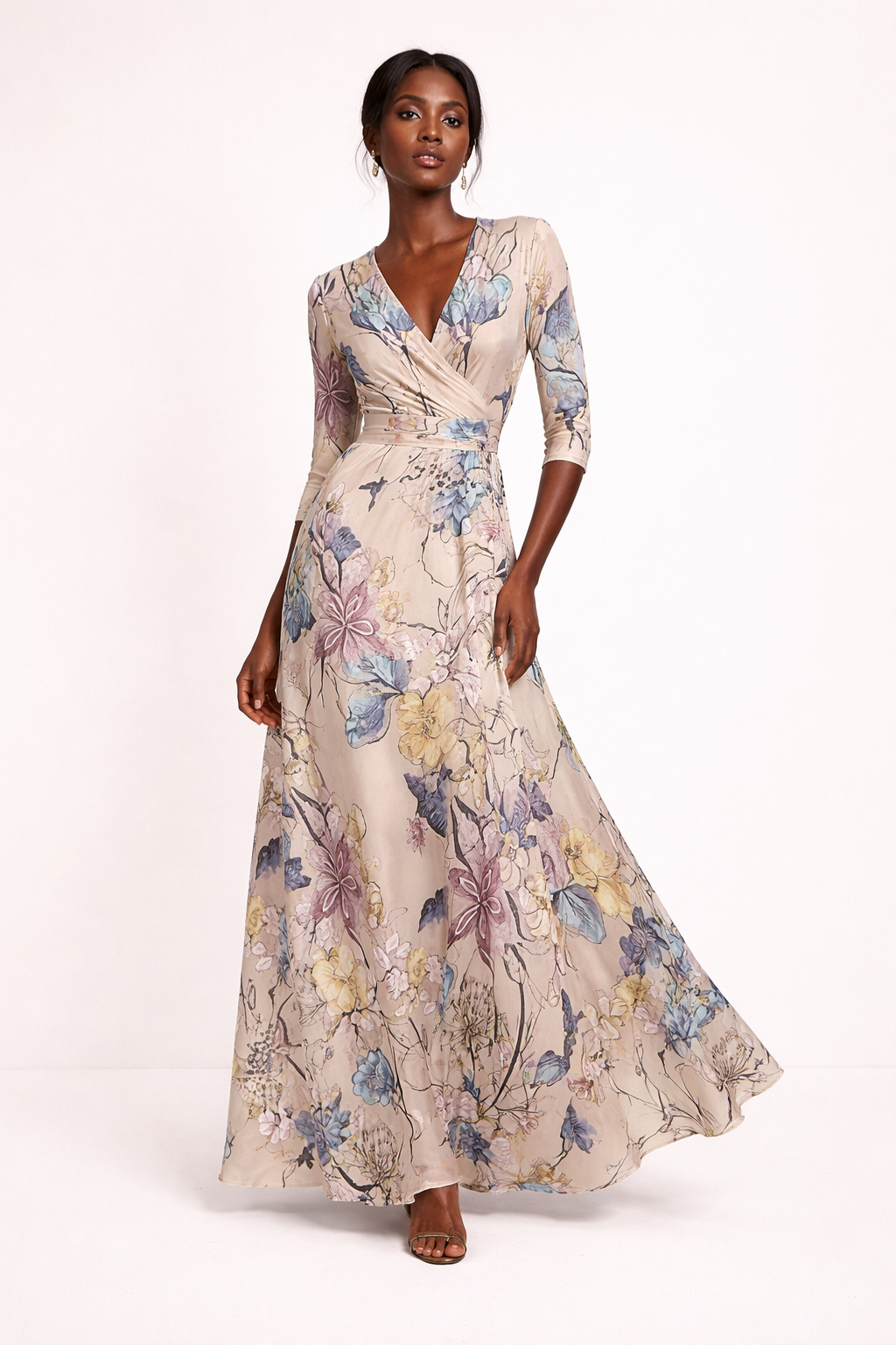 Vestido maxi casual estampado manga tres cuartos escote V - Belvara