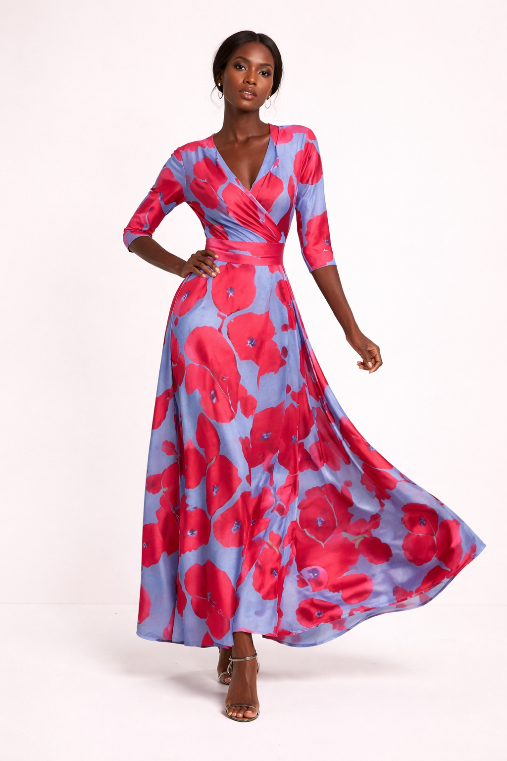 Vestido maxi casual estampado manga tres cuartos escote V - Belvara