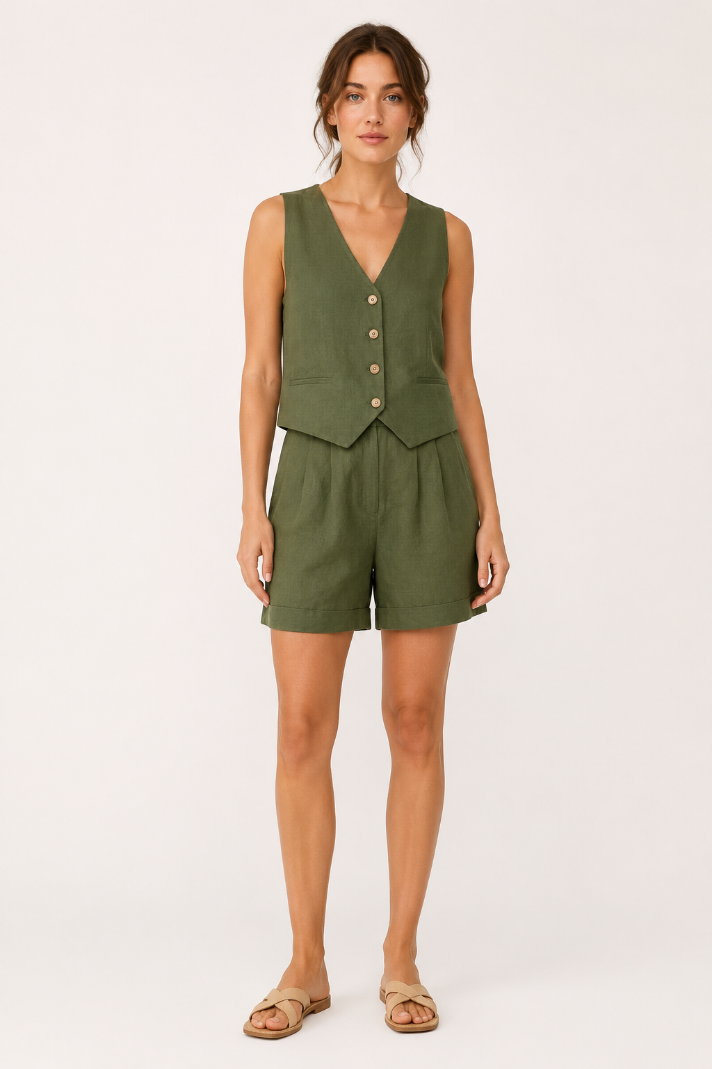 Conjunto chaleco short mujer lino algodón tiro alto – Rita
