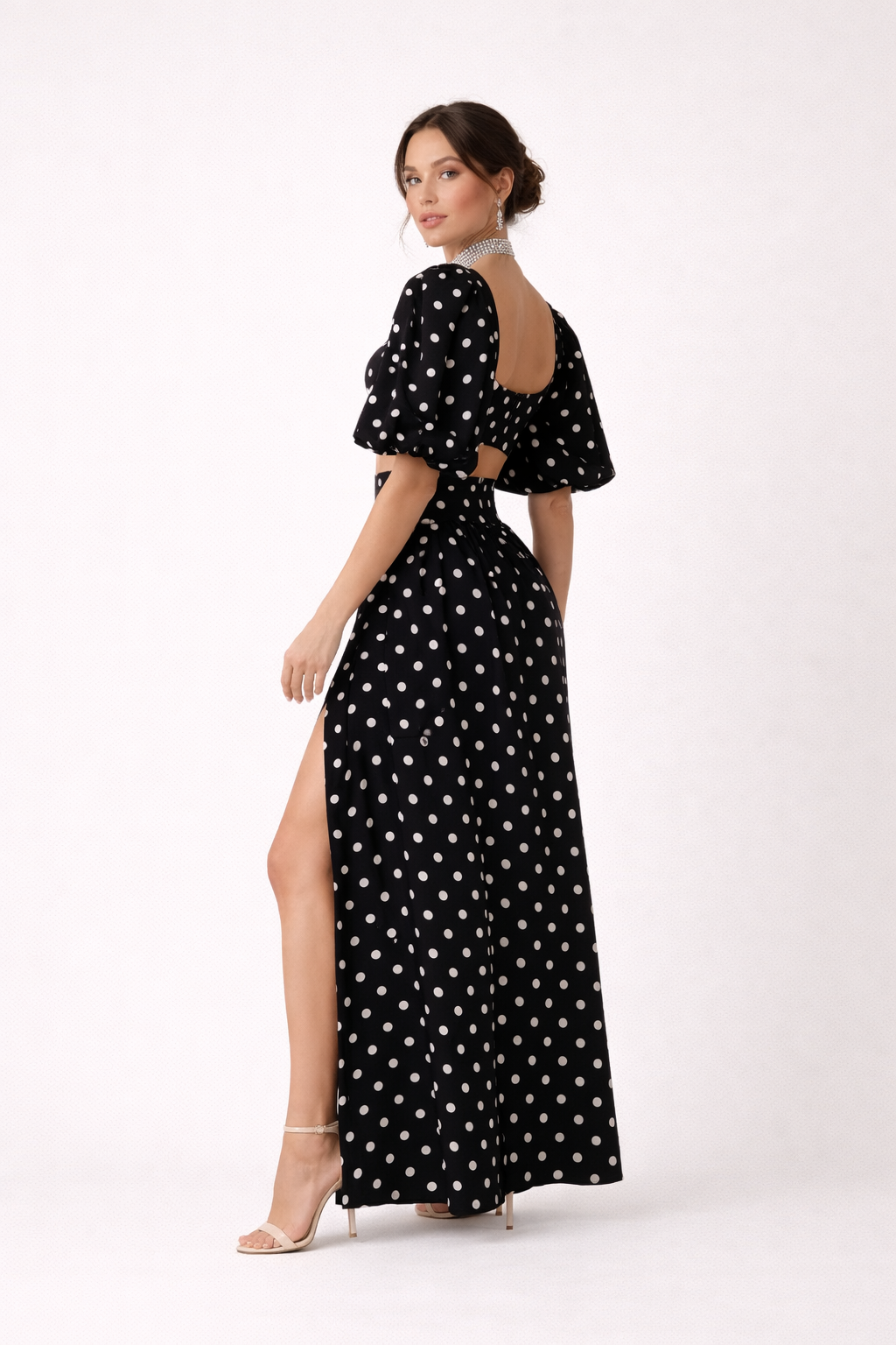 Conjunto top mangas abullonadas falda maxi estampado lunares - Calista