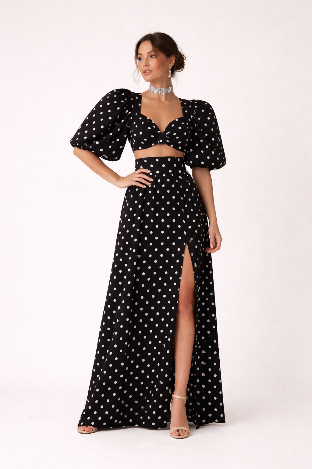 Conjunto top mangas abullonadas falda maxi estampado lunares - Calista