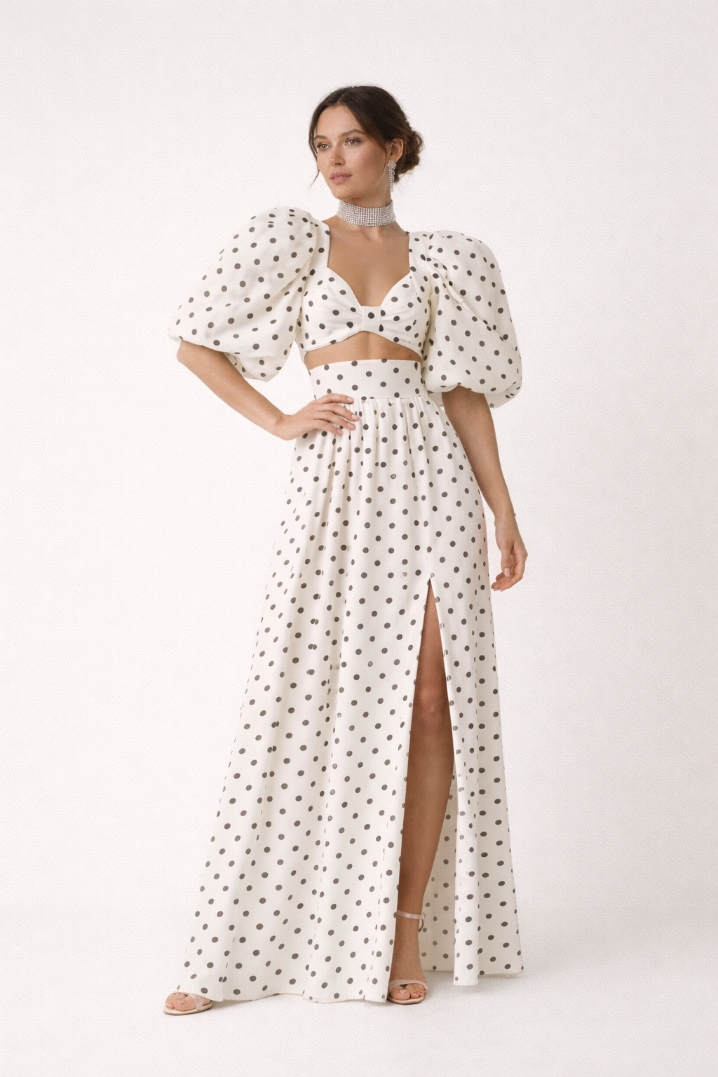 Conjunto top mangas abullonadas falda maxi estampado lunares - Calista