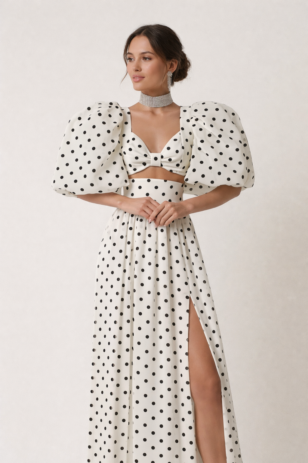 Conjunto top mangas abullonadas falda maxi estampado lunares - Calista