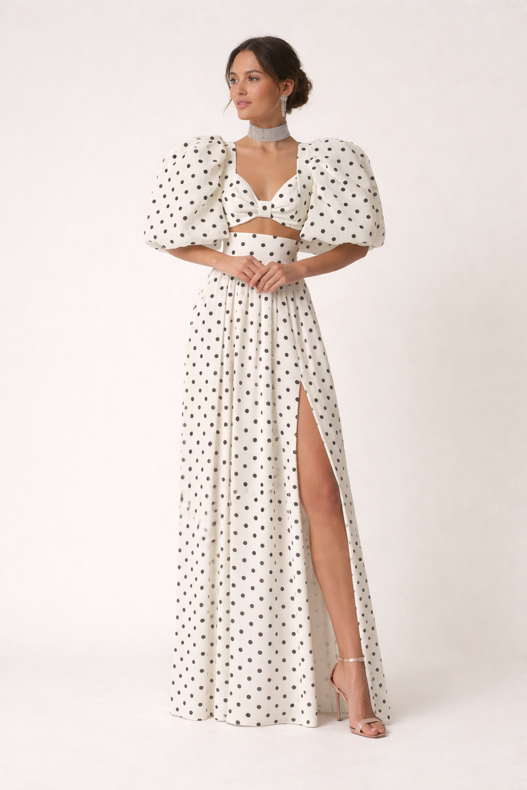 Conjunto top mangas abullonadas falda maxi estampado lunares - Calista