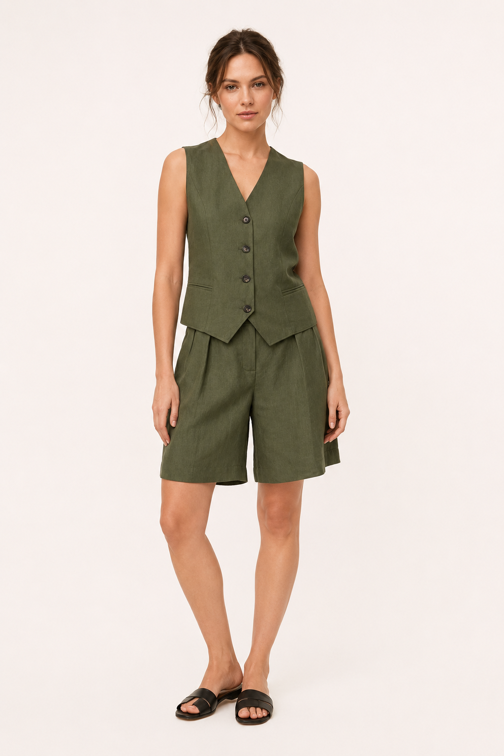 Conjunto chaleco short mujer lino algodón cintura alta pierna amplia – Lotte