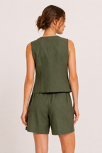 Conjunto chaleco short mujer lino algodón cintura alta pierna amplia – Lotte
