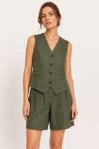 Conjunto chaleco short mujer lino algodón cintura alta pierna amplia – Lotte
