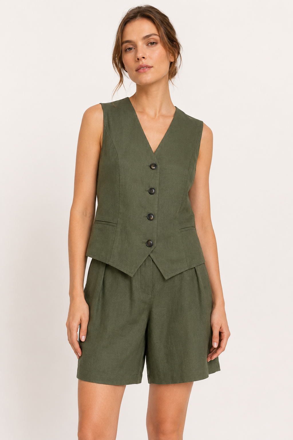 Conjunto chaleco short mujer lino algodón cintura alta pierna amplia – Lotte