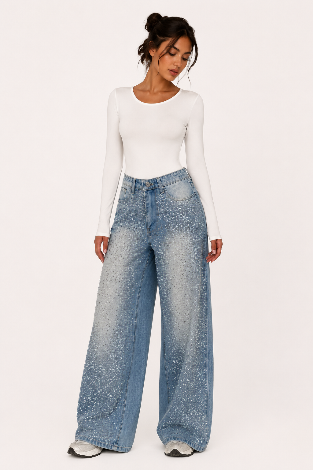 Vaqueros mujer pierna ancha pedrería frontal pretina – Wellen
