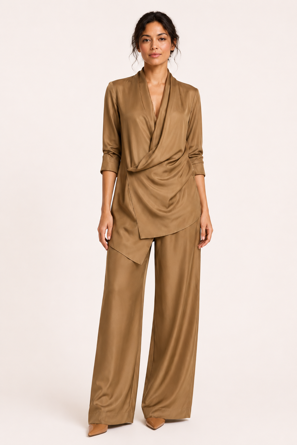 Conjunto blusa pantalón mujer satén cruzado pierna ancha – Kerstin
