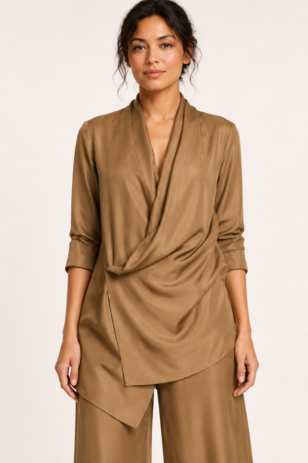 Conjunto blusa pantalón mujer satén cruzado pierna ancha – Kerstin