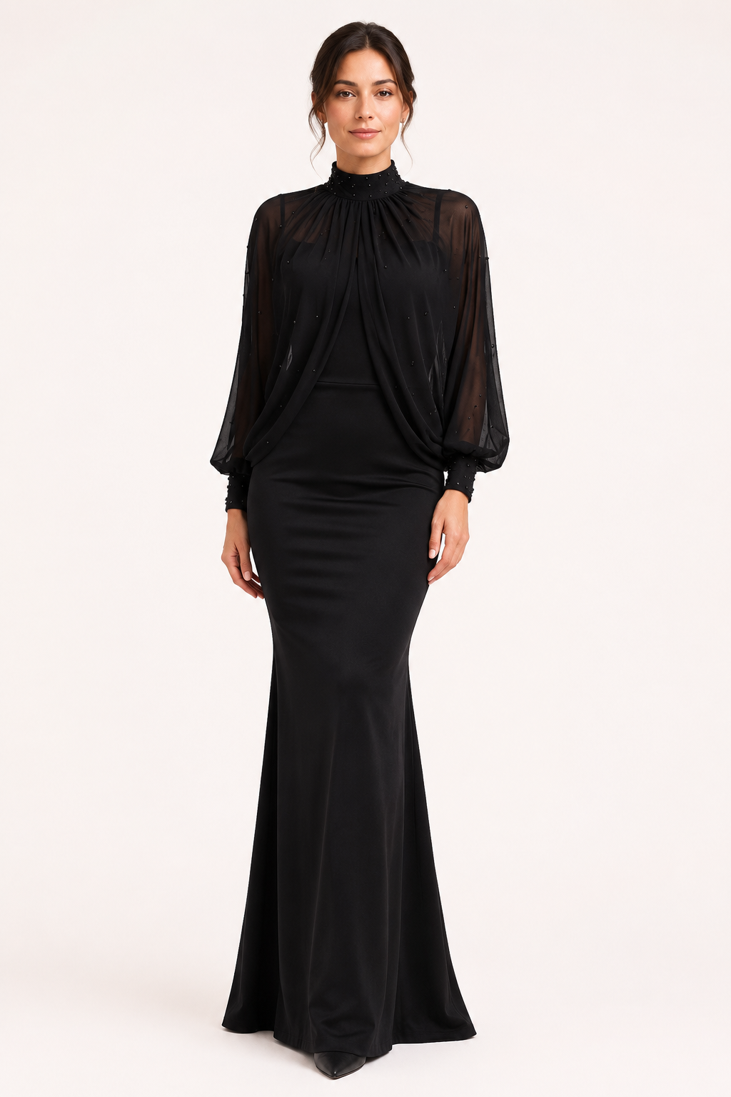 Vestido largo mujer dos piezas manga transparente corte sirena – Celeste