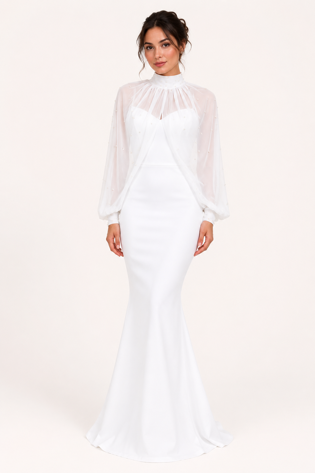Vestido largo mujer dos piezas manga transparente corte sirena – Celeste