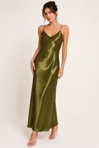 Vestido midi lencero satinado mujer tirantes escote en v – Leni