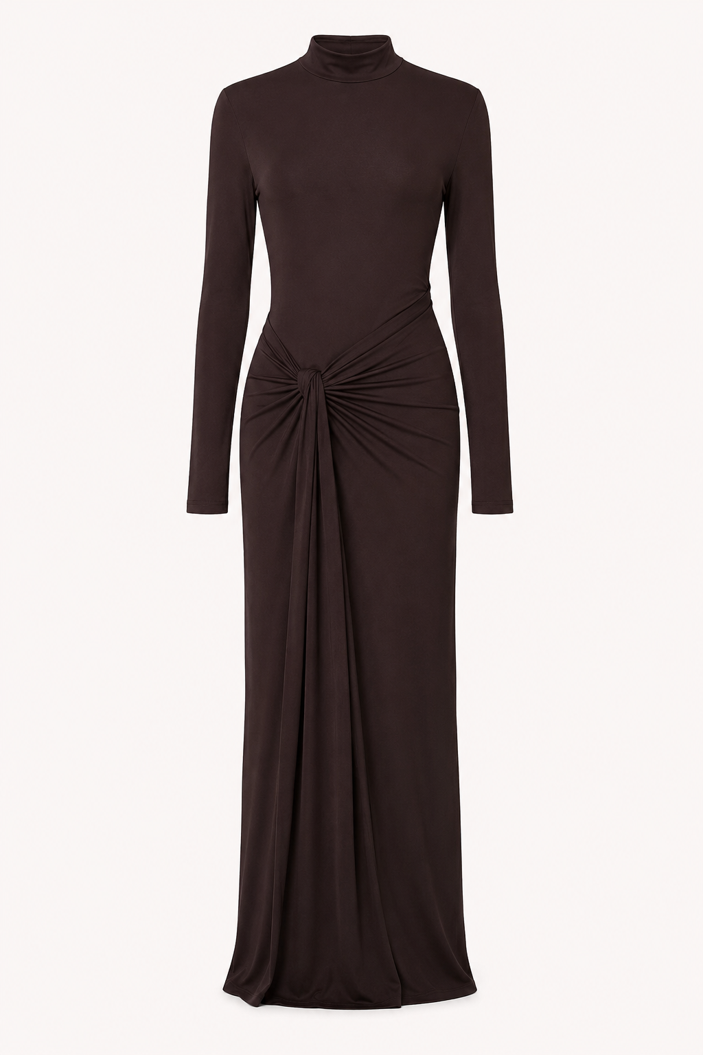Vestido largo mujer cuello alto manga larga drapeado lateral – Monik