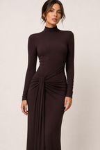 Vestido largo mujer cuello alto manga larga drapeado lateral – Monik