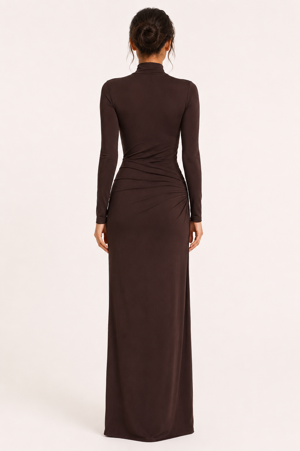 Vestido largo mujer cuello alto manga larga drapeado lateral – Monik