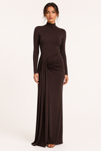 Vestido largo mujer cuello alto manga larga drapeado lateral – Monik