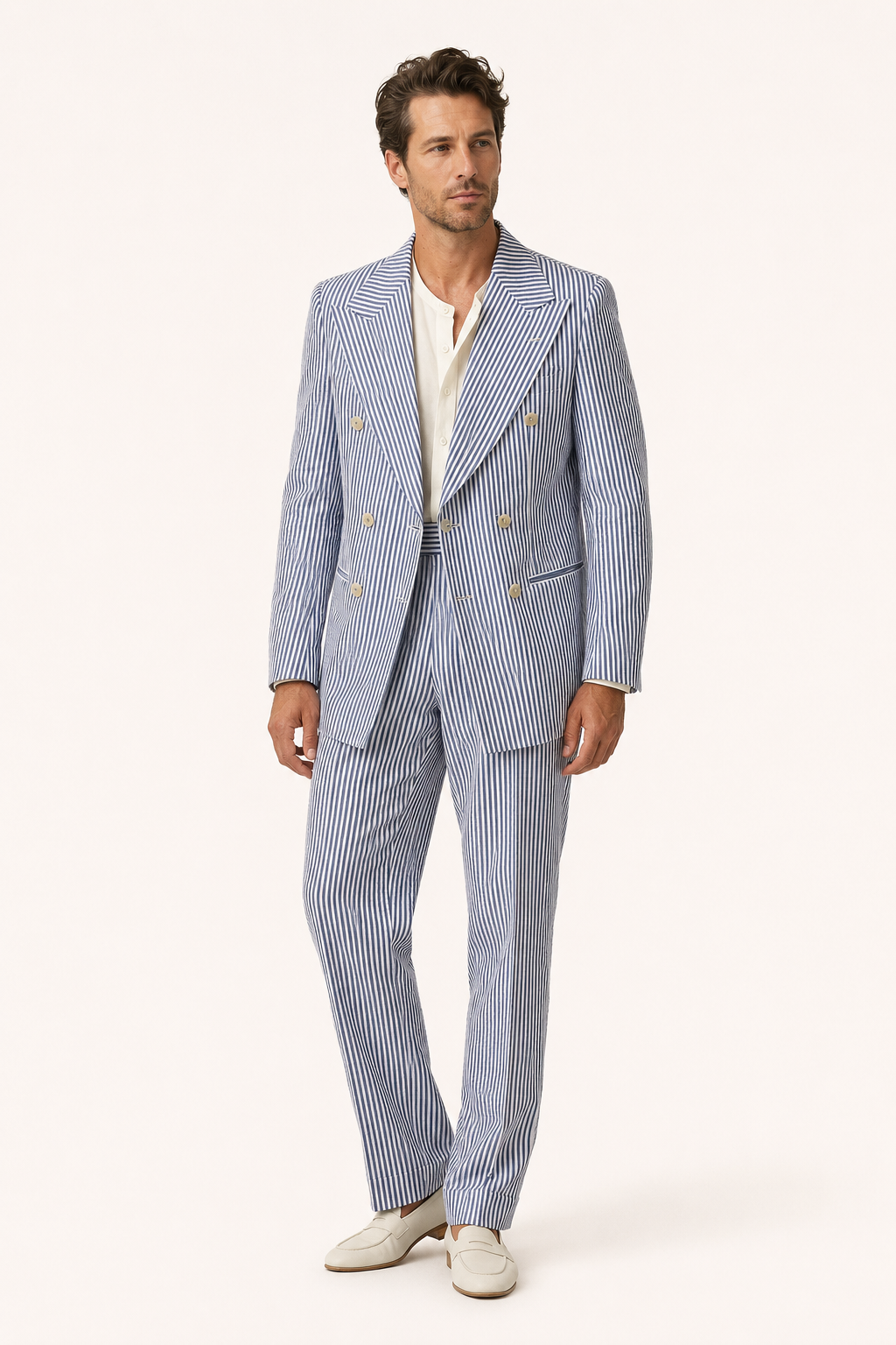 Traje hombre rayas azul claro americana cruzada pantalón – Emil