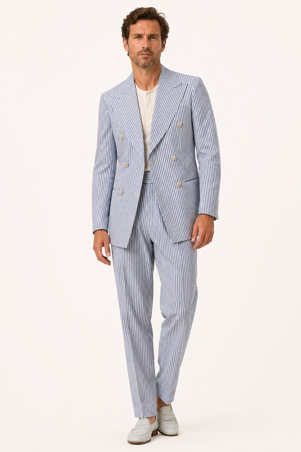 Traje hombre rayas azul claro americana cruzada pantalón – Emil