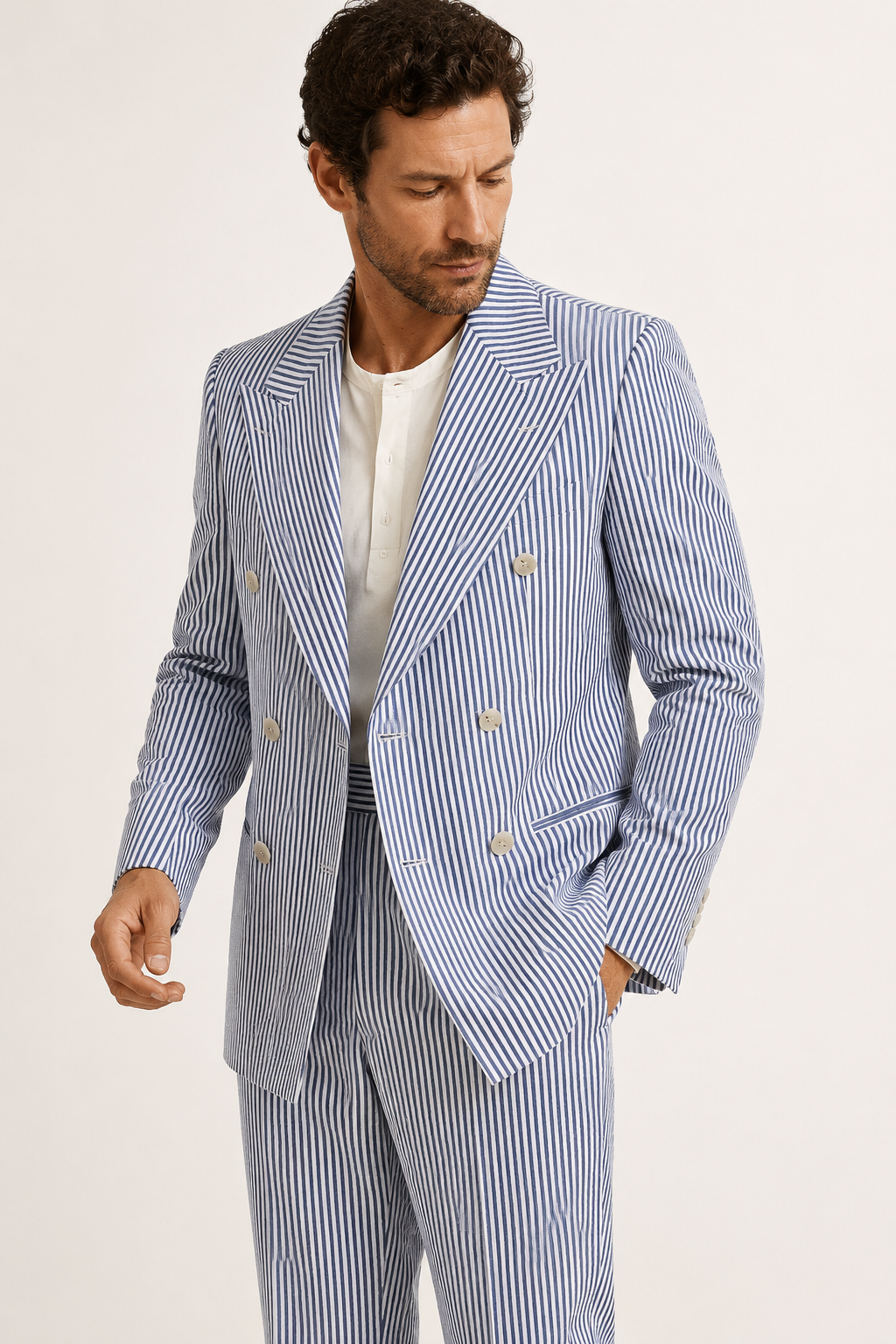 Traje hombre rayas azul claro americana cruzada pantalón – Emil