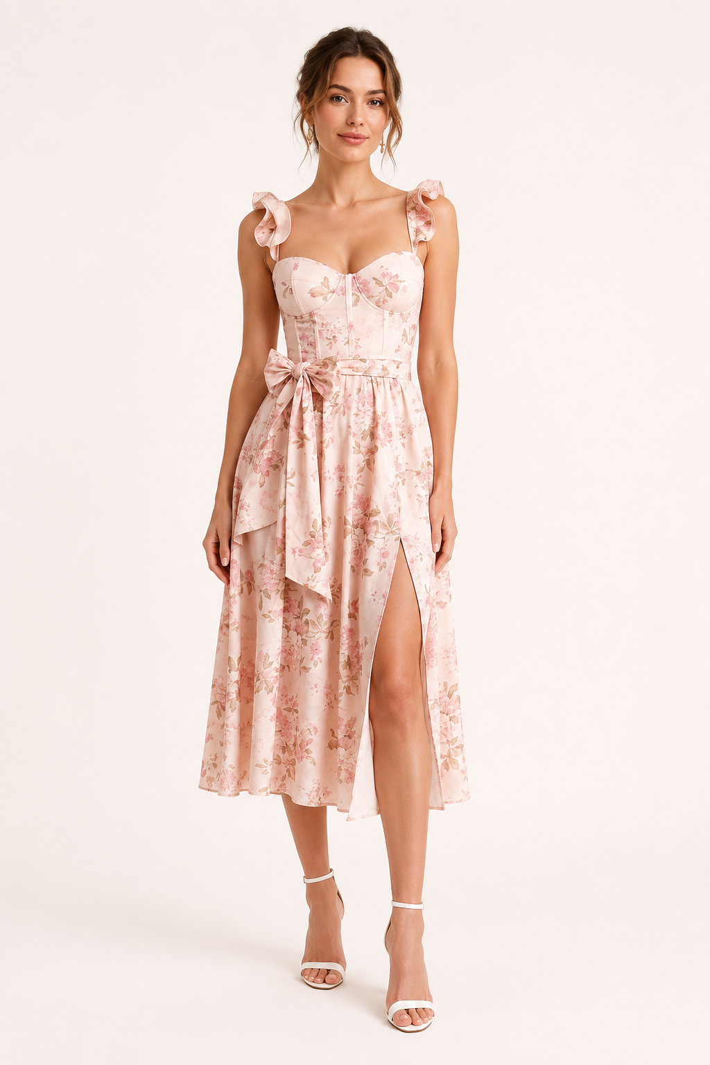 Vestido midi mujer floral escote corazón lazo cintura – Käthe