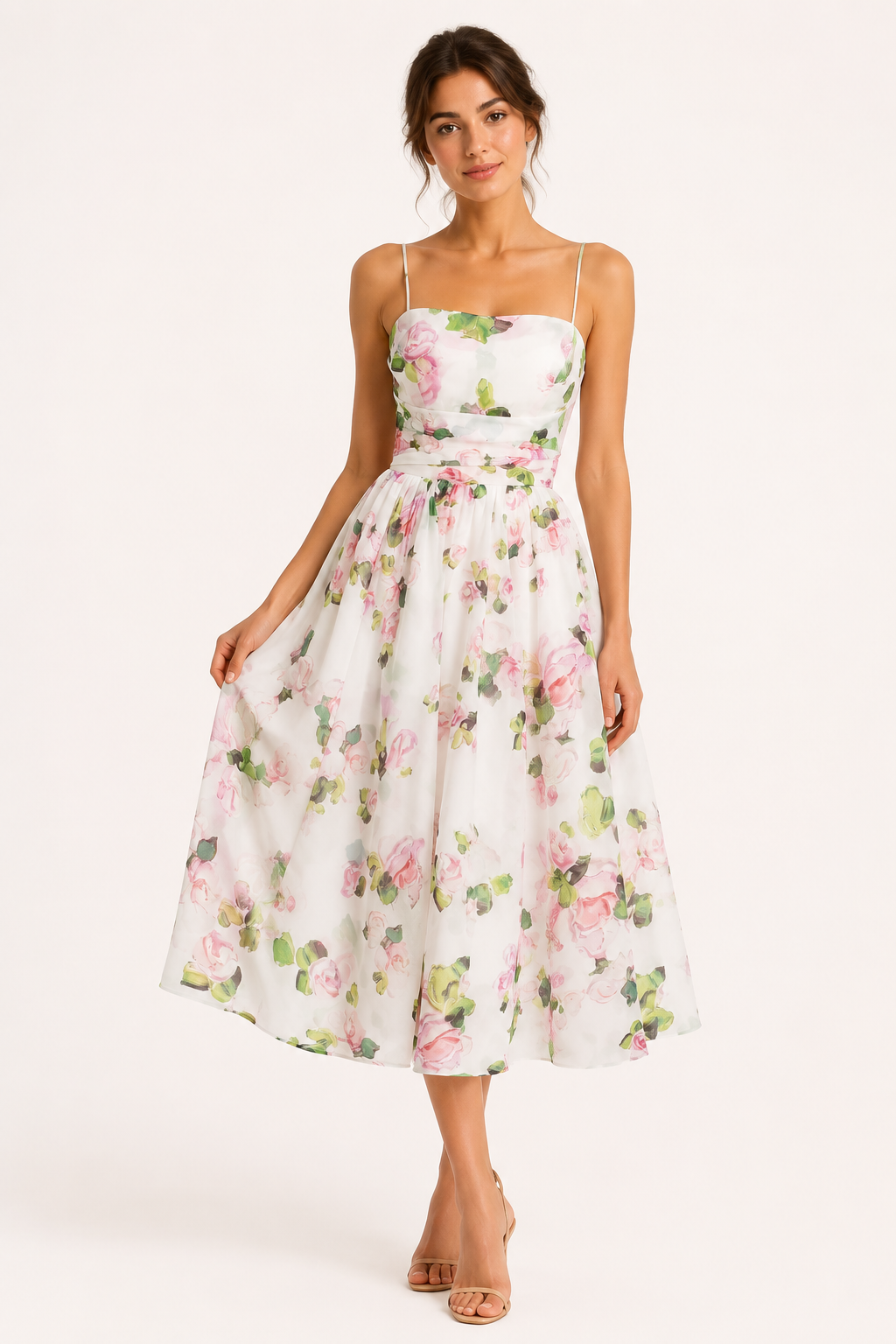 Vestido midi mujer floral tirantes finos cintura marcada – Elira
