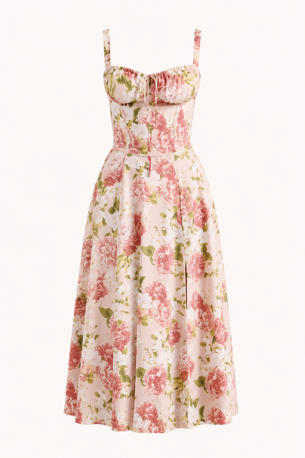 Vestido midi mujer floral busto fruncido lazo frontal – Maren