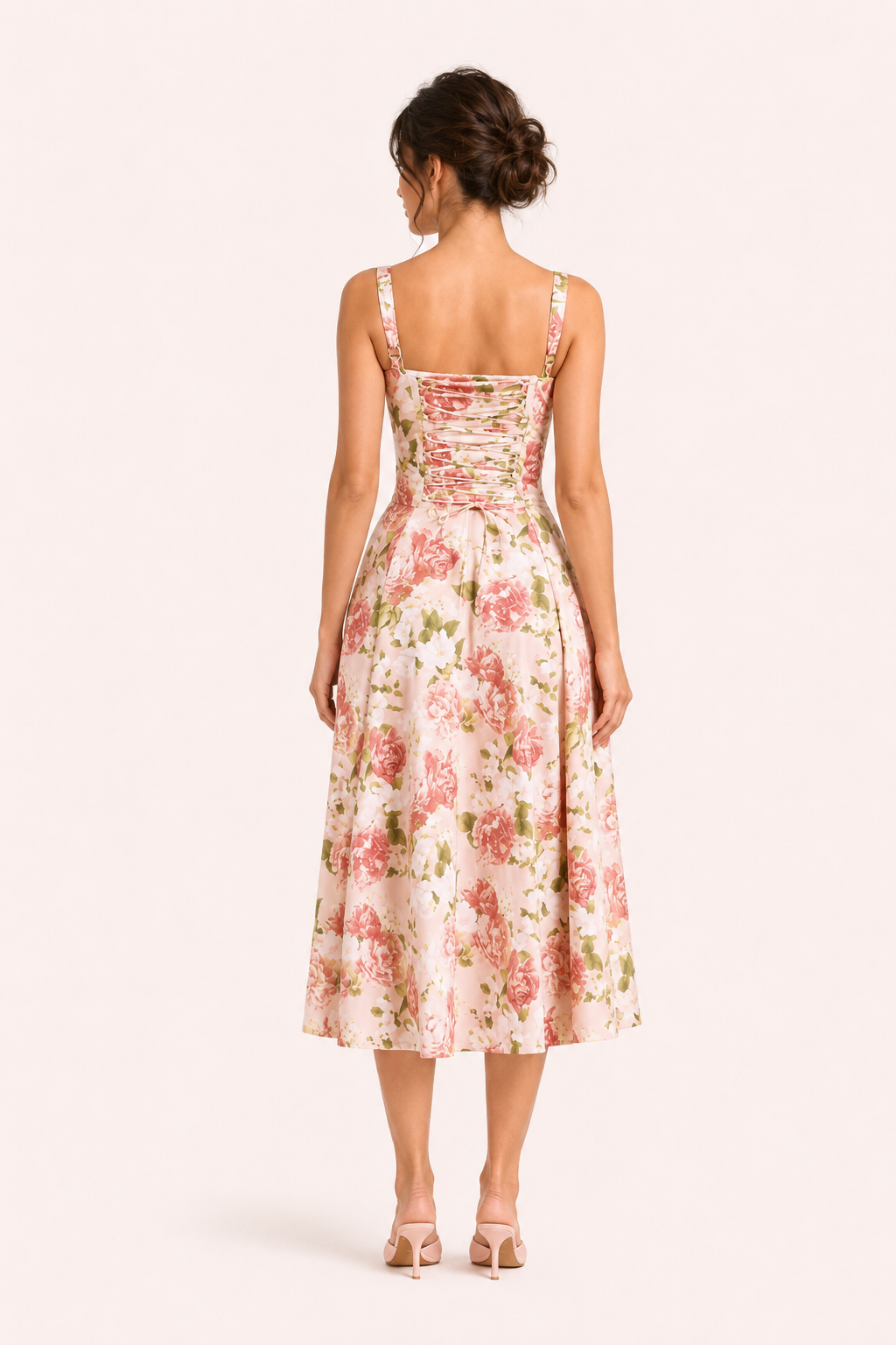 Vestido midi mujer floral busto fruncido lazo frontal – Maren