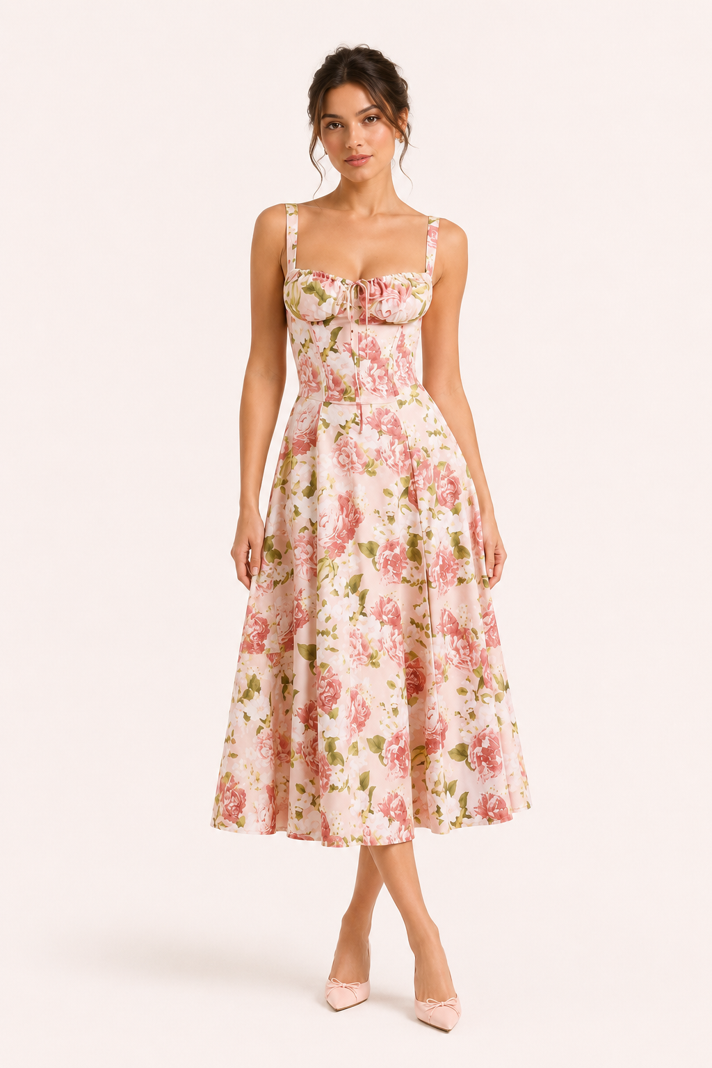 Vestido midi mujer floral busto fruncido lazo frontal – Maren
