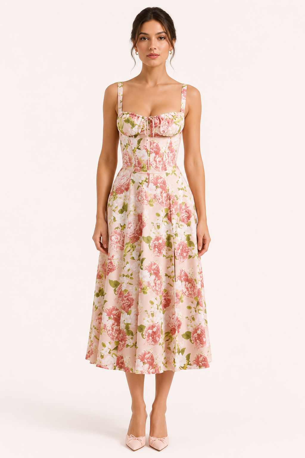 Vestido midi mujer floral busto fruncido lazo frontal – Maren