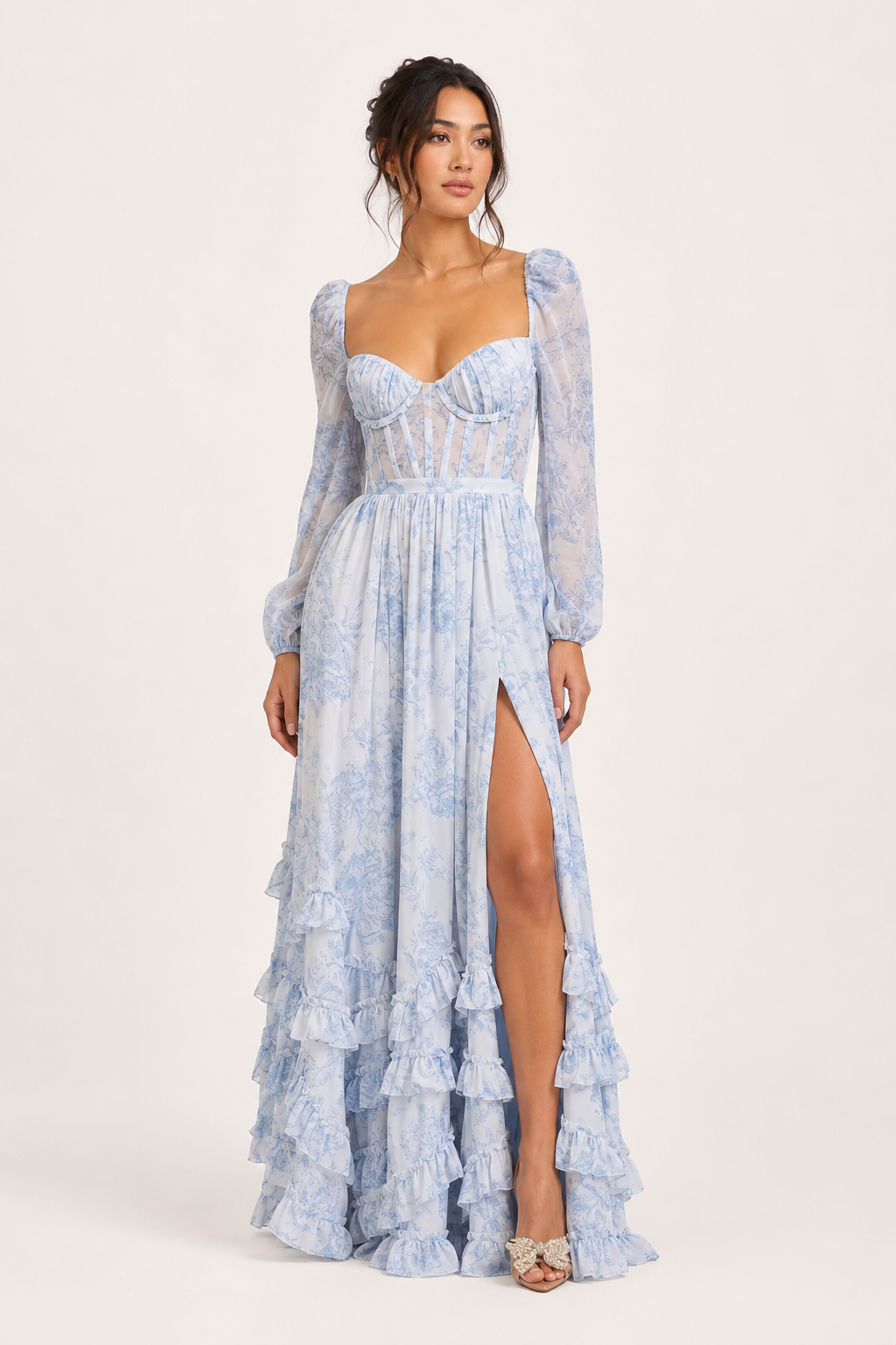 Vestido largo mujer floral manga larga escote cuadrado copa marcada – Romy