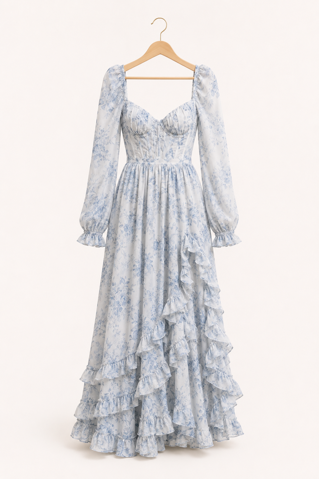 Vestido largo mujer floral manga larga escote cuadrado copa marcada – Romy