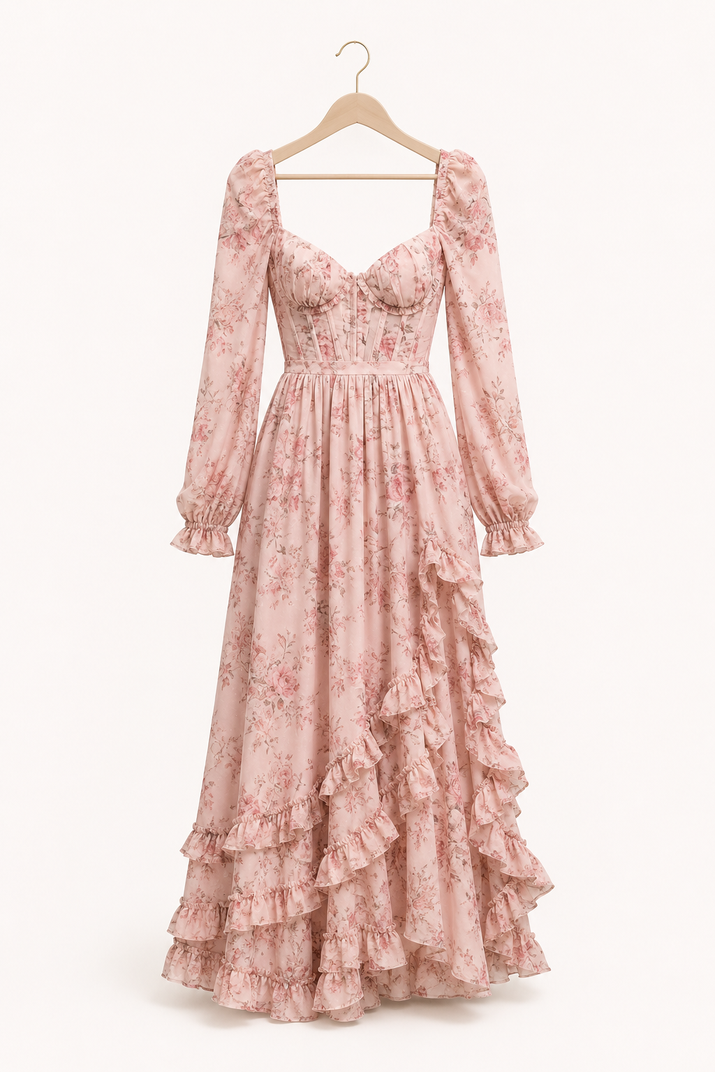 Vestido largo mujer floral manga larga escote cuadrado copa marcada – Romy
