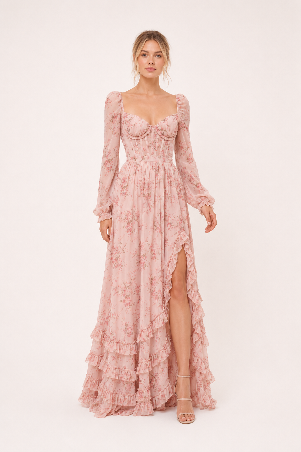 Vestido largo mujer floral manga larga escote cuadrado copa marcada – Romy