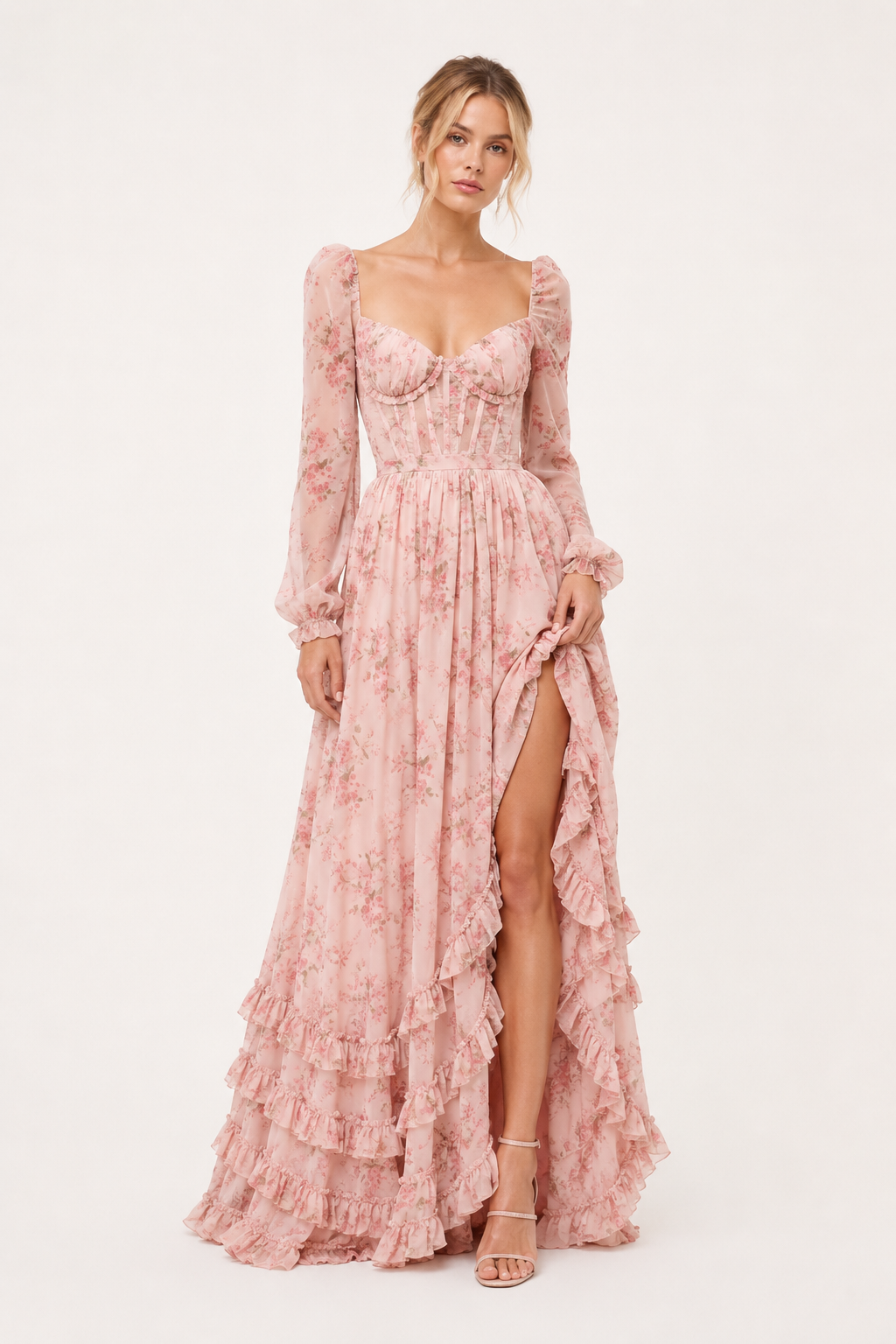 Vestido largo mujer floral manga larga escote cuadrado copa marcada – Romy