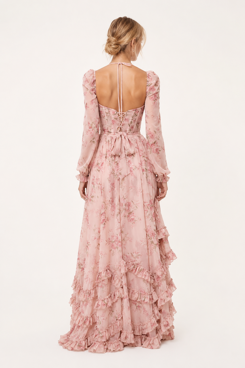 Vestido largo mujer floral manga larga escote cuadrado copa marcada – Romy