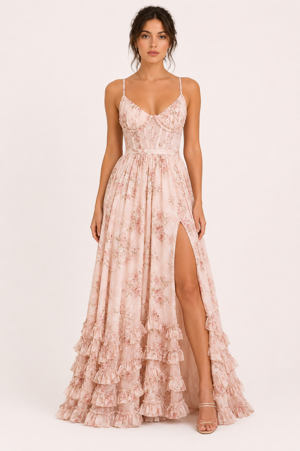 Vestido largo fiesta mujer floral copa marcada abertura – Elara