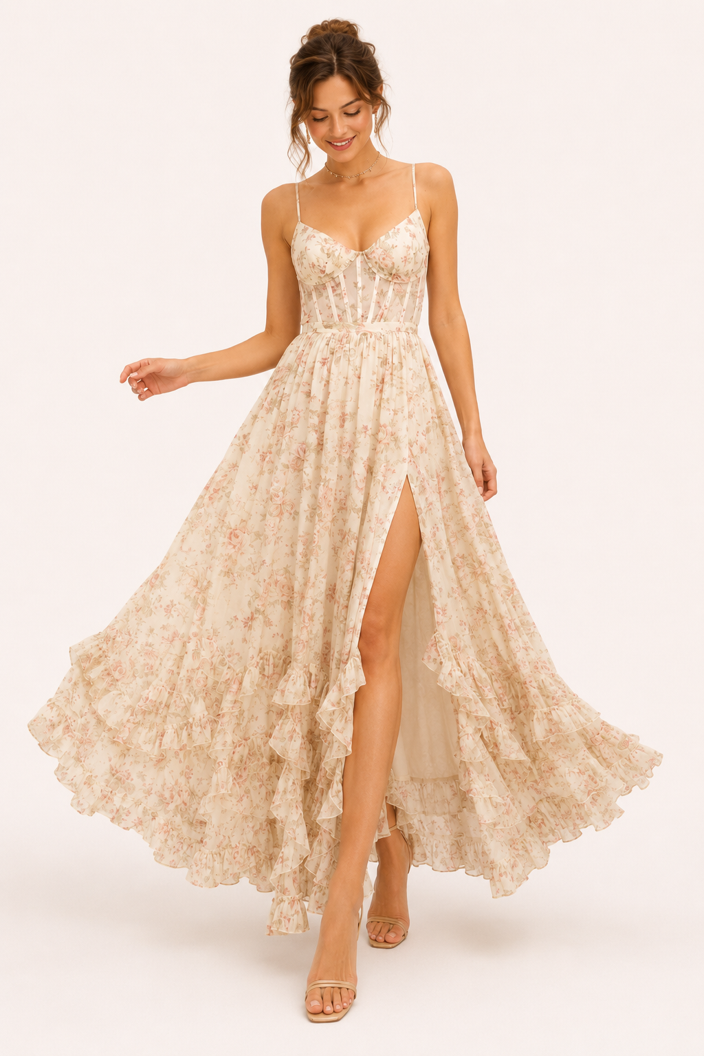 Vestido largo fiesta mujer floral copa marcada abertura – Elara