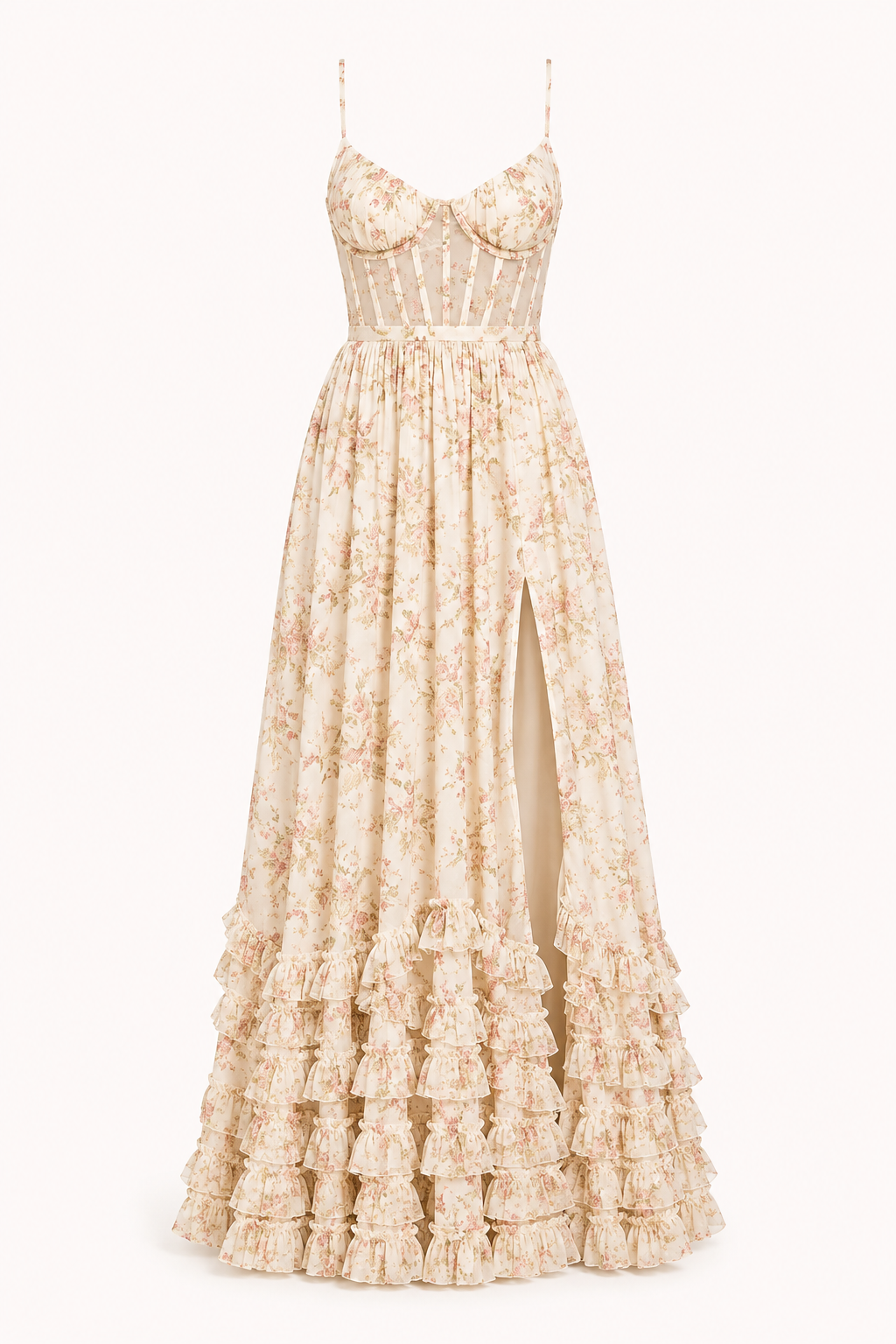 Vestido largo fiesta mujer floral copa marcada abertura – Elara