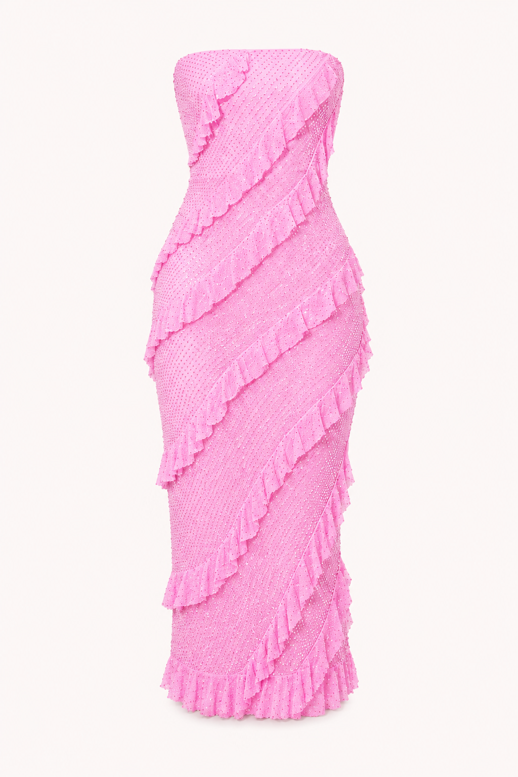 Vestido midi strapless mujer volantes diagonales textura fiesta – Yina