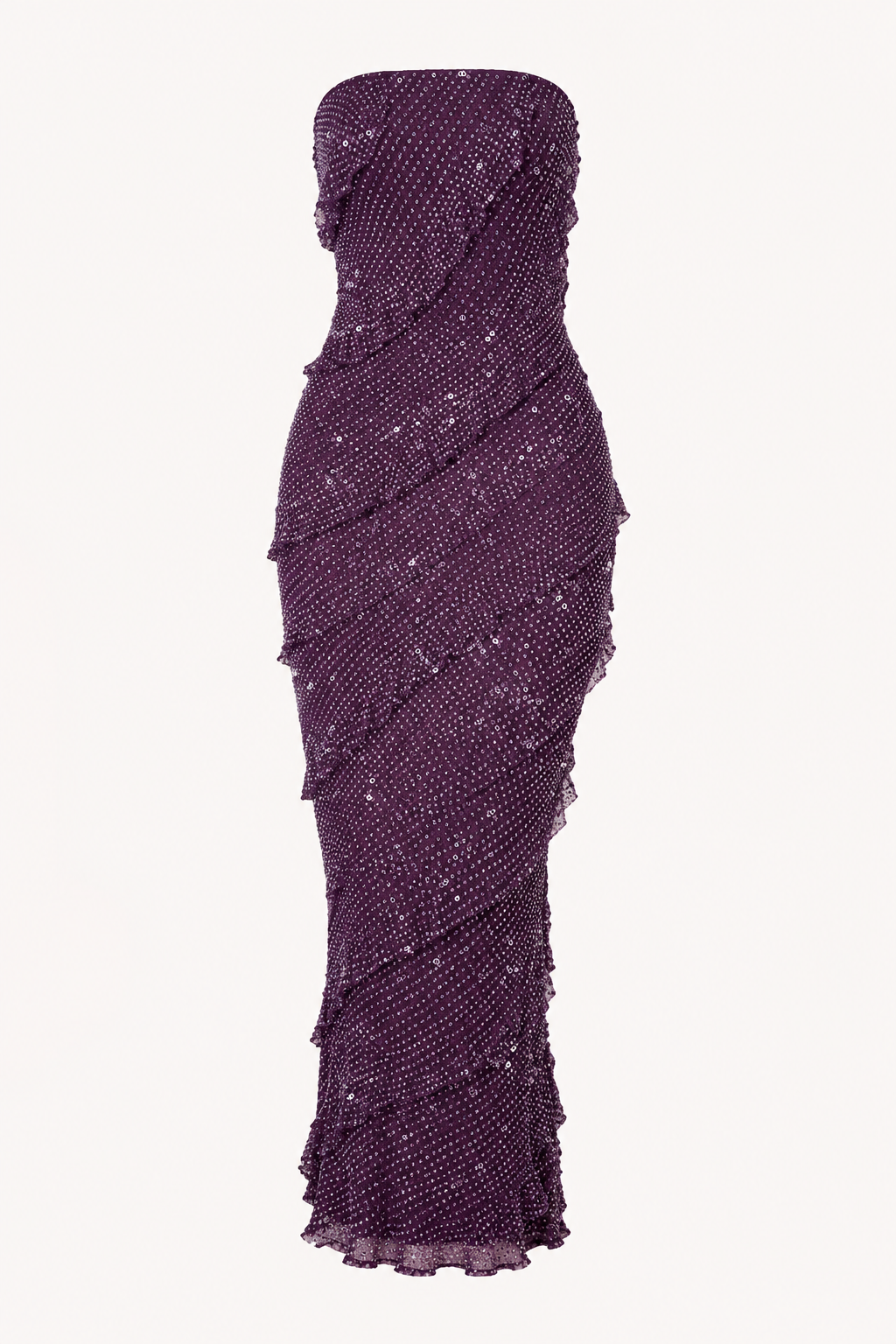 Vestido midi strapless mujer volantes diagonales textura fiesta – Yina