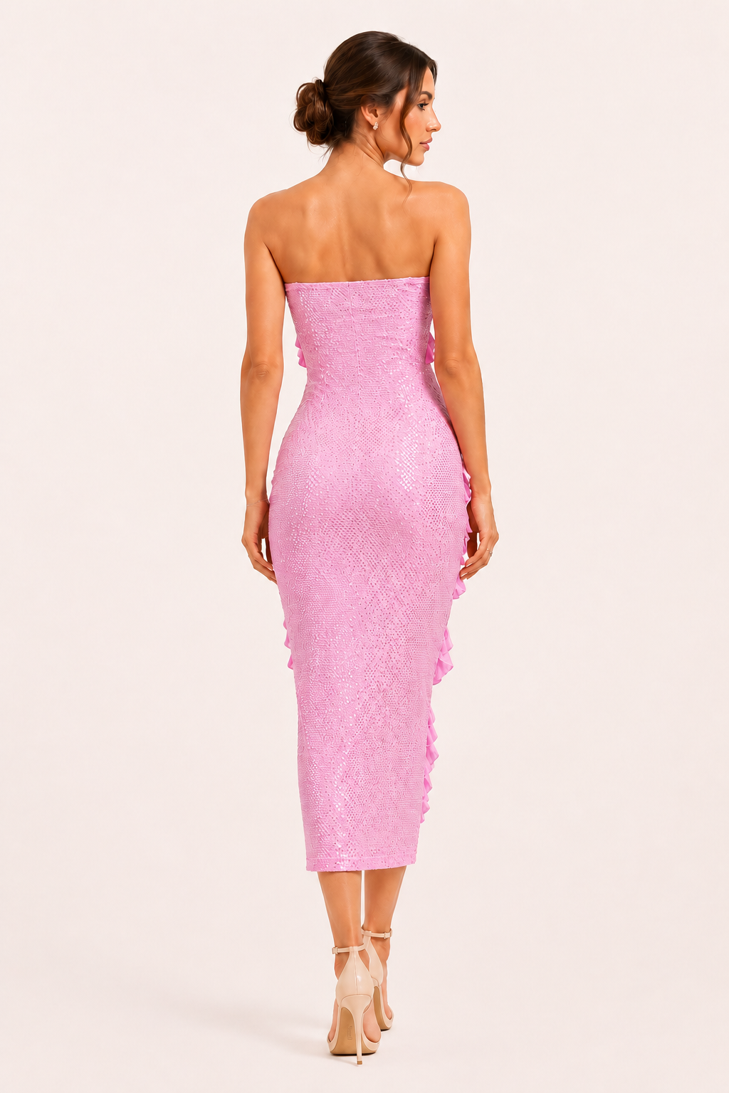 Vestido midi strapless mujer volantes diagonales textura fiesta – Yina