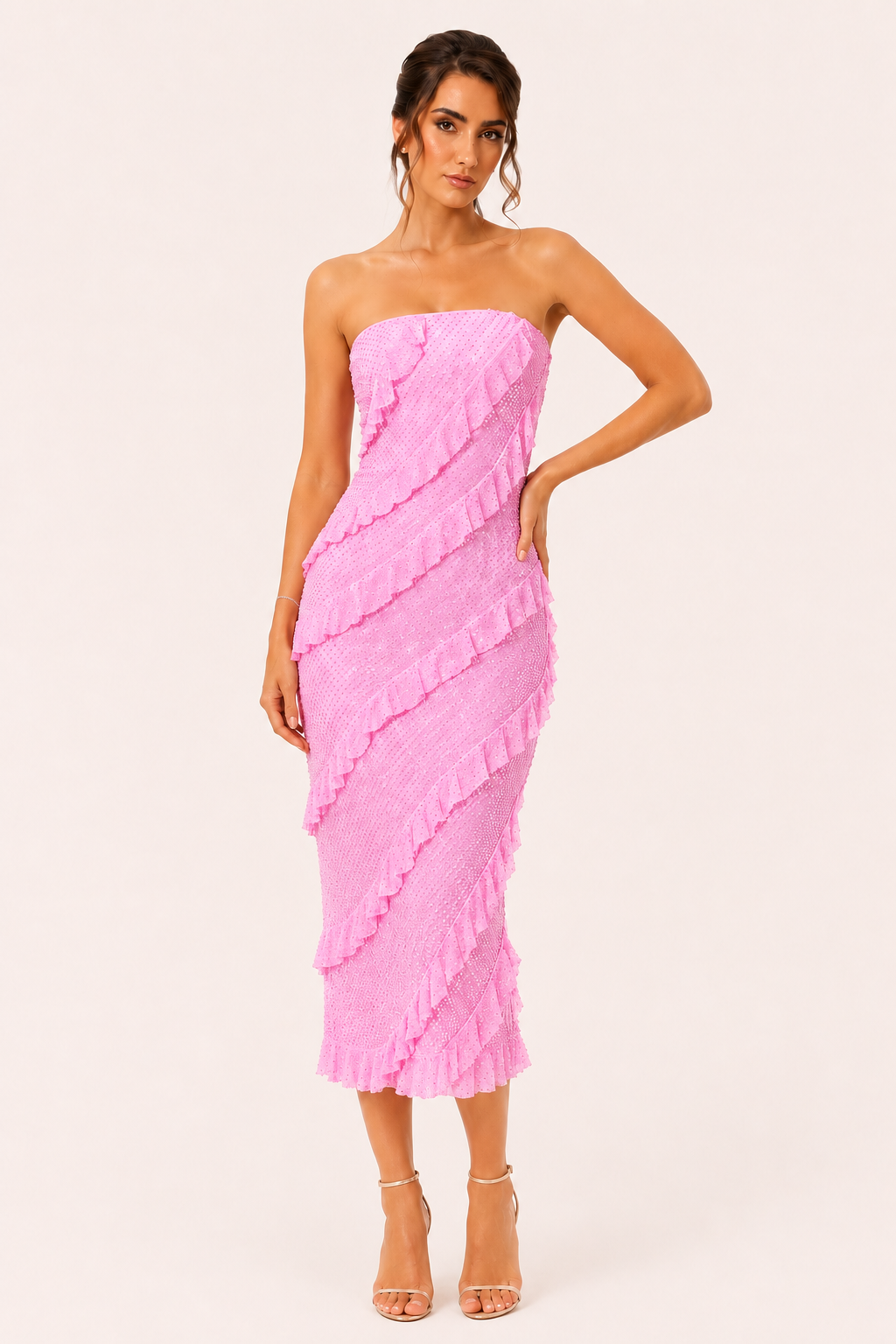 Vestido midi strapless mujer volantes diagonales textura fiesta – Yina