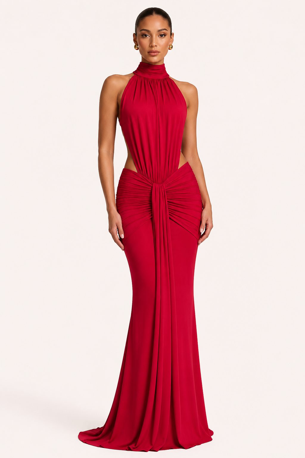 Vestido largo mujer halter fruncido ajustado elegante gala – Klara