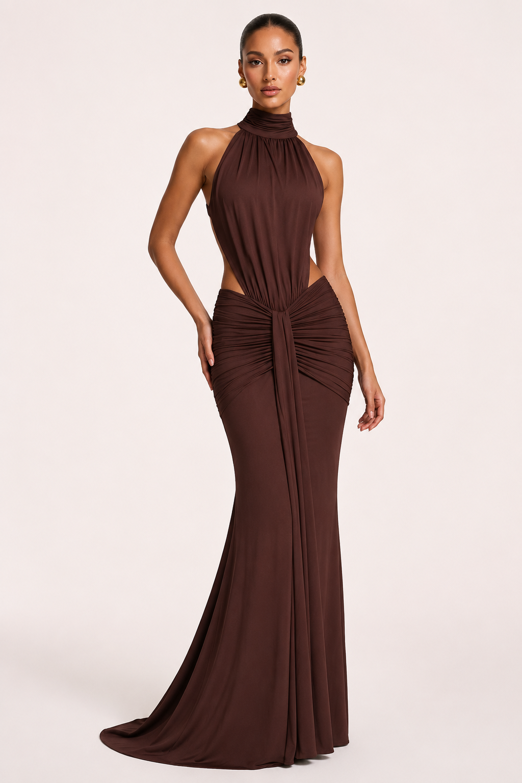 Vestido largo mujer halter fruncido ajustado elegante gala – Klara