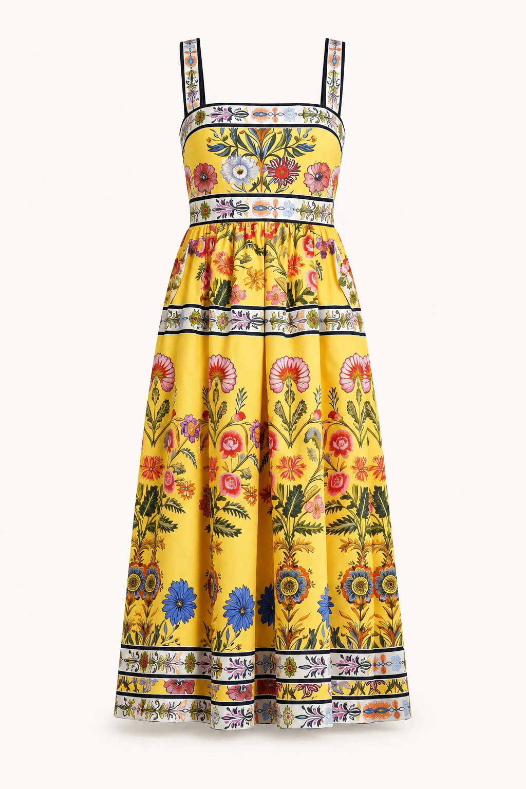 Vestido midi mujer floral escote cuadrado tirantes anchos cintura alta – Nele